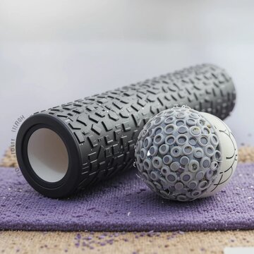 Textured black EVA foam roller and a massage lacrosse ball resting on a purple mat