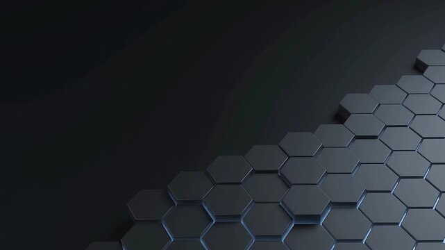 Near-black graphite hexagon honeycomb surface with rising tiles and subtle blue edge light, moody abstract 3D tech background