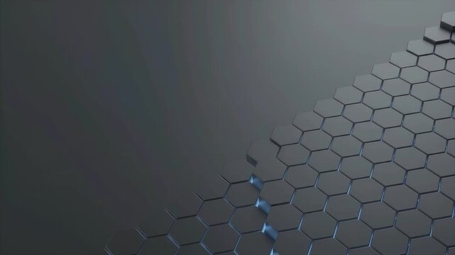 Gray graphite hexagon honeycomb surface rippling in diagonal perspective with soft blue light, abstract 3D tech background