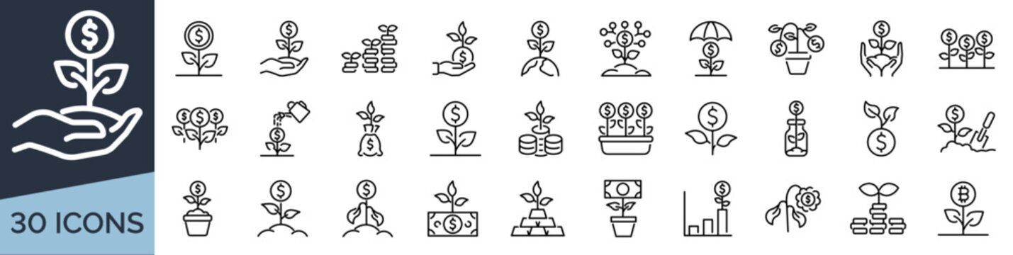 Set of 30 outline icons related to money plant. Linear icon collection. Editable stroke. Vector illustration