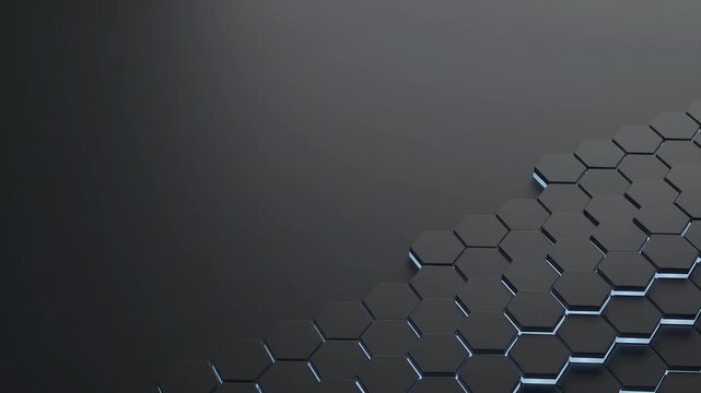 Dark graphite hexagon honeycomb surface waving with blue glowing edges, abstract 3D technology background with copy space