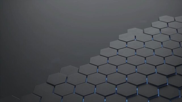Large dark graphite hexagon tiles with thin blue light gaps gently waving across a diagonal grid, abstract 3D tech background