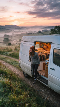 Woman stepping out of camper van at misty sunrise in rural landscape