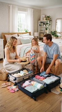 Family packing suitcases for a holiday in bedroom