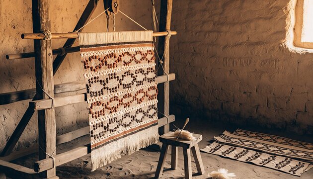 Traditional Kuba raffia cloth weaving loom with geometric embroidery pattern, DR Congo