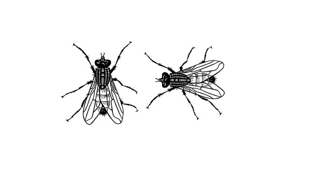 Minimalist housefly line art, set of 2 black and white insect illustrations, vintage fly pest sketches for biology and educational design