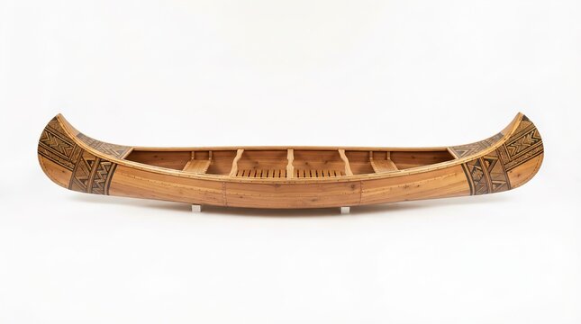 Traditional Wooden Canoe with Decorative Geometric Patterns Isolated on White Background
