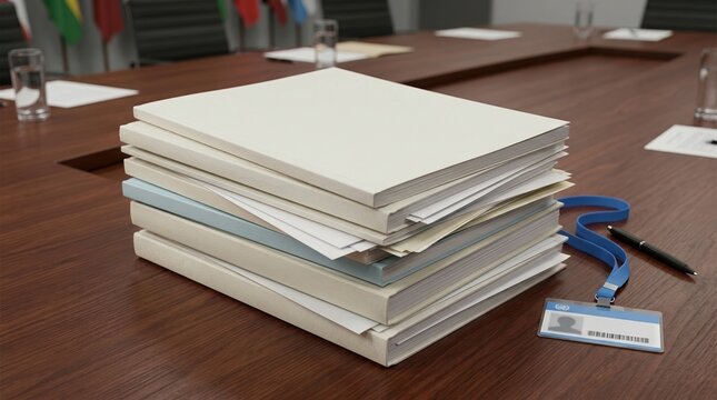 Stack of documents and ID badge on a conference table. Corporate boardroom setting with meeting papers and pen. International organization summit concept
