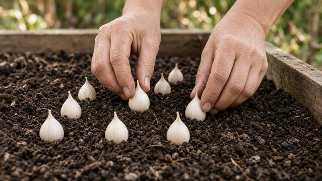 Hands planting garlic cloves into a raised garden bed