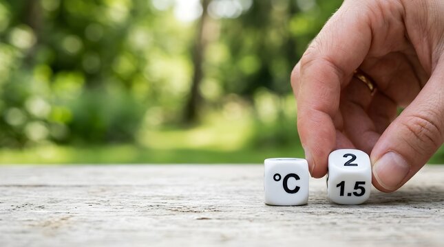 Hand placing dice showing 1.5 and 2 degrees celsius warming