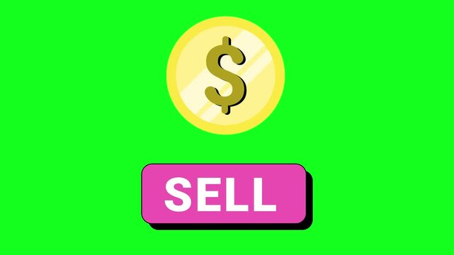 Golden coin symbolizes money value. Pink button invites user to sell assets. Bright green background enhances visibility. Simple design focuses on clear action