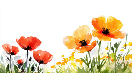 Fototapeta premium Beautiful watercolor painting of vibrant flowers shades of orange and red, surrounded by lush green foliage, evoking sense of tranquility and joy
