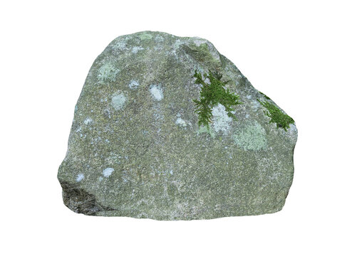 Large granite boulder with moss and lichen isolated on white background.