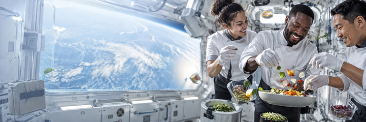 Fototapeta premium Diverse astronaut crew prepares fresh food together inside a space station kitchen, with Earth visible through the window. Teamwork and healthy living concept.