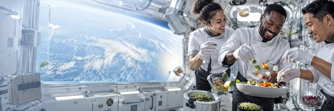 Diverse astronaut crew prepares fresh food together inside a space station kitchen, with Earth visible through the window. Teamwork and healthy living concept.