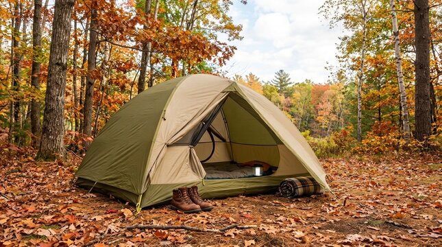 Green camping tent pitched in an autumn forest clearing. Dome tent with hiking boots and lantern in fall woods. Outdoor adventure and recreation concept