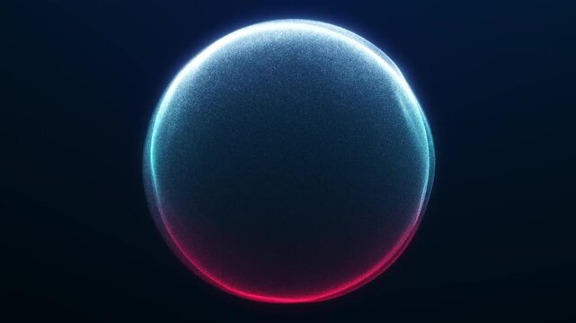 Looping translucent particle sphere with blue and pink rim lighting on a dark background. Minimal futuristic 3D animation.