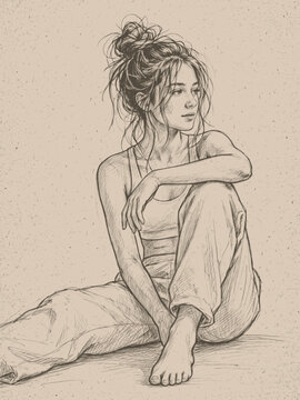 Realistic pencil sketch of an athletic woman with messy hair sitting in jogger pants - design for fitness blog articles, casual apparel illustrations, and art print concepts. SVG version.