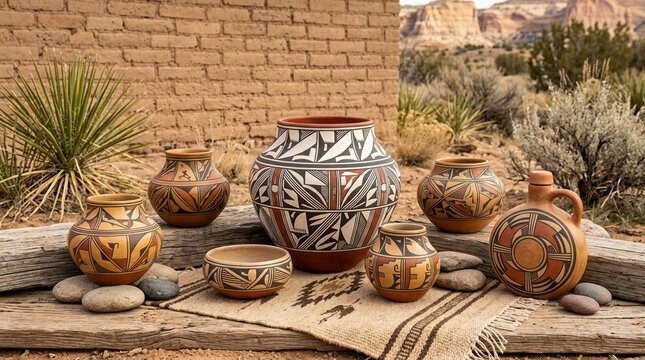 Traditional Native American pottery with geometric patterns. Southwestern clay vessels on a wooden log. Indigenous art and craft display