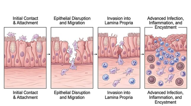 Four Stage Illustration of Pathogen Attachment and Mucosal Tissue Invasion