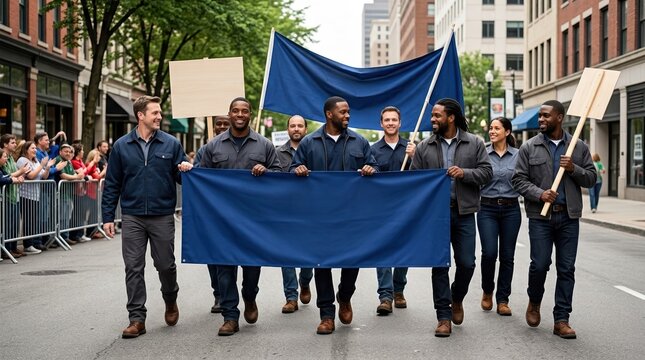 Union workers marching in a parade down a city street. Diverse group of employees holding a blank blue banner and signs during a demonstration. Labor union concept
