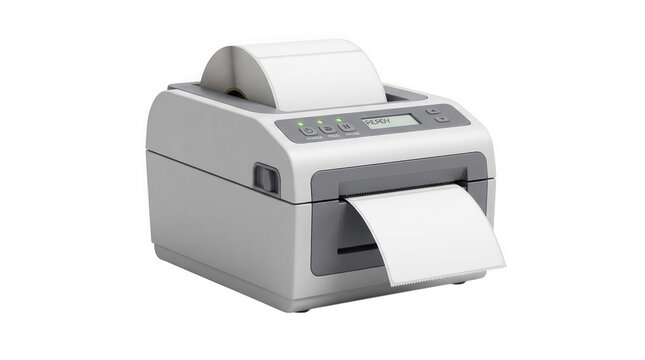 Desktop label printer with thermal paper roll isolated on white background