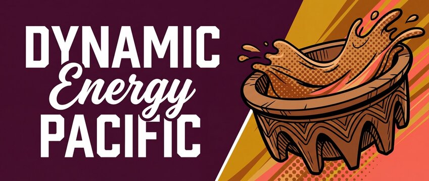 Pop art splashing wooden bowl with dynamic energy typography and comic book halftone background. Traditional Polynesian carved tiki cup with brown liquid splash in vintage graphic design banner layout