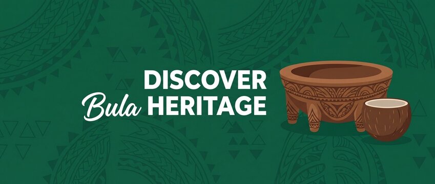 Fijian Kava Tanoa Bowl Illustration with Coconut Cup and Discover Bula Heritage Text on Green Traditional Polynesian Pattern Background Banner for Pacific Island Culture and Tourism Promotion Design