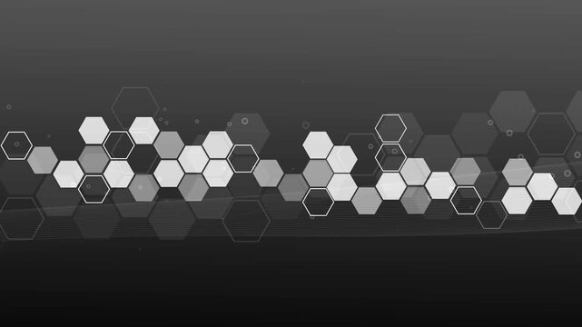 Dark hexagon technology background animation, Abstract dark digital background with horizontal band of translucent hexagons and subtle diagonal lines