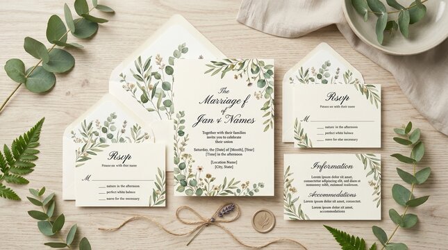 Flat lay of wedding invitation suite with botanical leaf motifs. Elegant wedding stationery with eucalyptus illustrations on a wooden background. RSVP cards and envelopes mockup