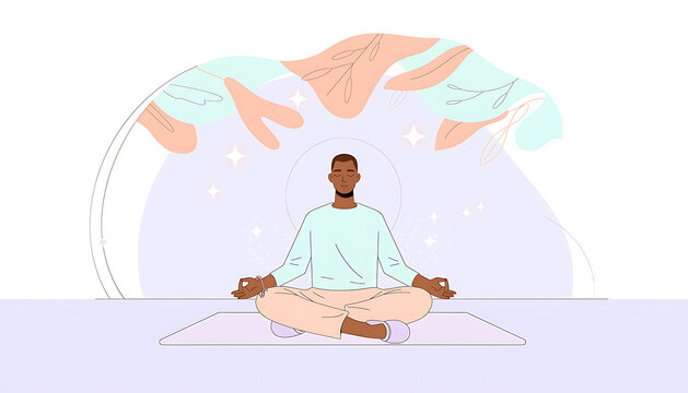 Flat vector illustration of a man meditating in lotus pose on a yoga mat in a peaceful environment with abstract leaves, representing mindfulness, mental health, and relaxation.