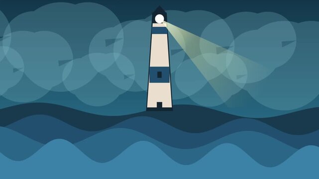 Lighthouse beam sweeping over ocean waves at night creating atmospheric light patterns