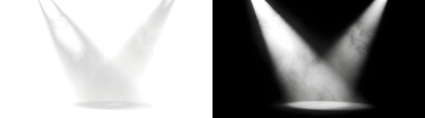 Fototapeta premium Two crossing spotlight beams in white stage smoke landing on a floor circle for event visuals in PNG, Transparent and Black Background Versions