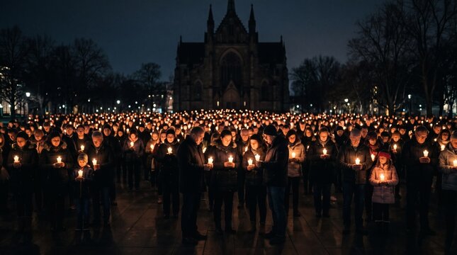 Nighttime Vigil with Thousands Holding Candles in Front of a Gothic Cathedral.