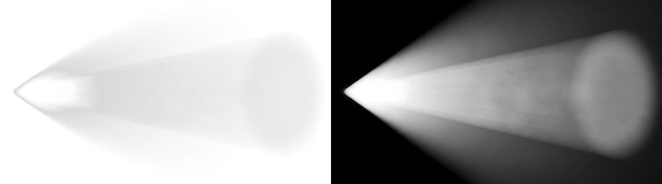 Horizontal flashlight beam widening into a soft grey cone of light for headlight and torch mockups in PNG, Transparent and Black Background Versions
