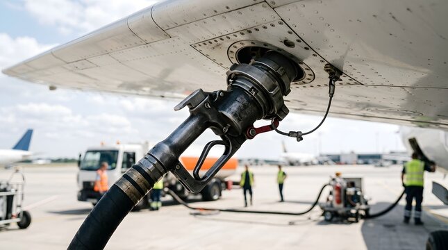 Airplane refueling at airport with fuel hose and ground crew