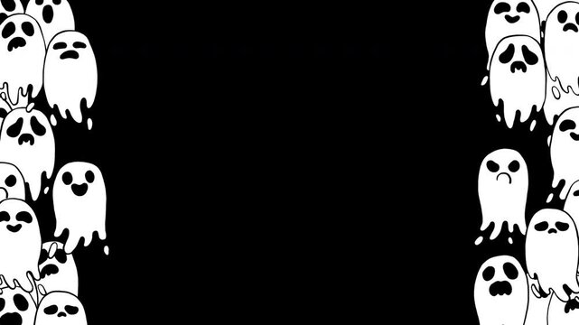 Seamless looping 2D animation of a crowd of cute, spooky ghosts hovering on the left and right screen edges. Isolated on a transparent alpha channel for Halloween overlay, frame, border for streaming.