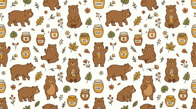 Cute forest bear and honey container seamless pattern with leaves and bees for nature-themed designs