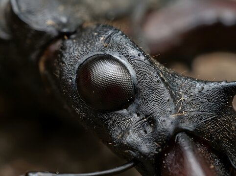 Extreme Macro Close Up of Black Stag Beetle Compound Eye and Head