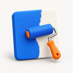 Obraz premium A blue paint roller applies color across a white rectangular surface on a clean background, symbolizing painting, renovation, and creative transformation.