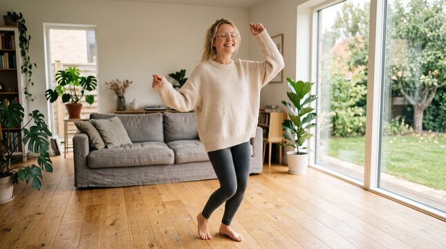 Happy young blonde woman dancing freely alone in a bright modern home, eyes closed with a genuine joyful expression, tied-back hair, clear transparent glasses and oversized sweater