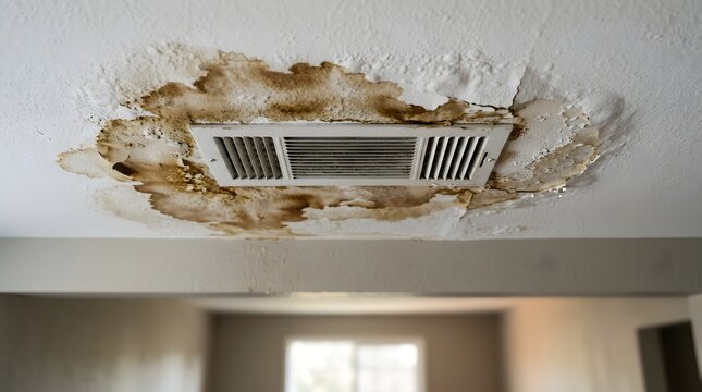 Water damaged ceiling with mold around air vent interior