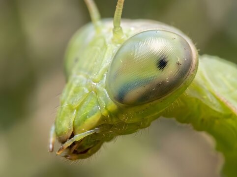 Macro Close Up View of Praying Mantis Head and Large Compound Eyes