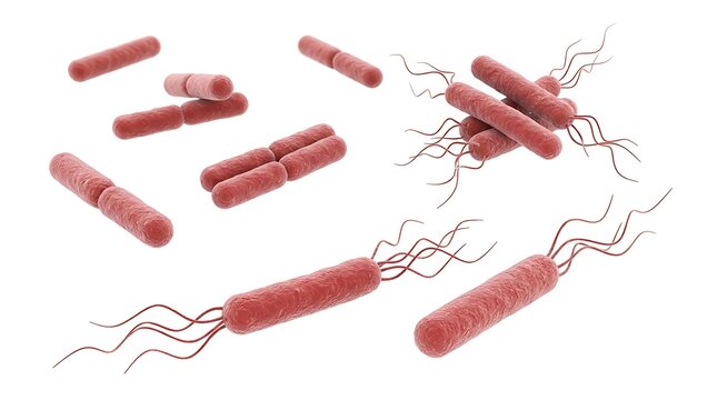 3D render of rod shaped bacteria with flagella isolated on a white background for microbiology