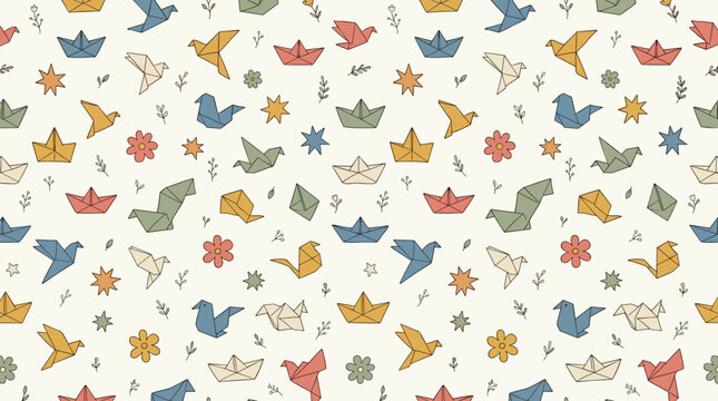 Whimsical Pattern Featuring Colorful Origami Boats Flowers and Stars in Soft Pastel Shades for Creative Crafting and Decor