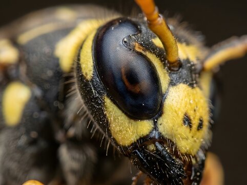 Extreme Close-Up Macro View of a Yellowjacket Wasp's Dark Compound Eye