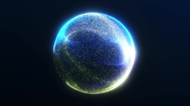Looping blue energy orb with shimmering particle waves and bright cyan highlights on a dark background. Futuristic 3D animation.