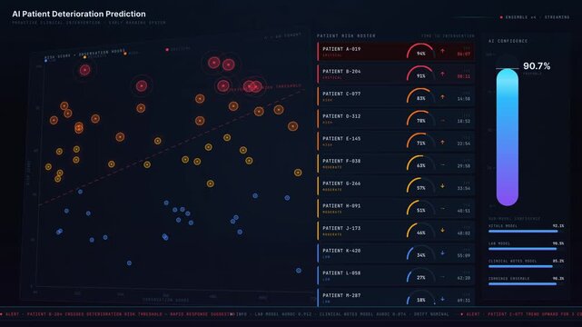 Explore a sophisticated AI patient deterioration prediction dashboard designed for proactive clinical intervention, featuring dynamic visualizations and a dark mode interface.
