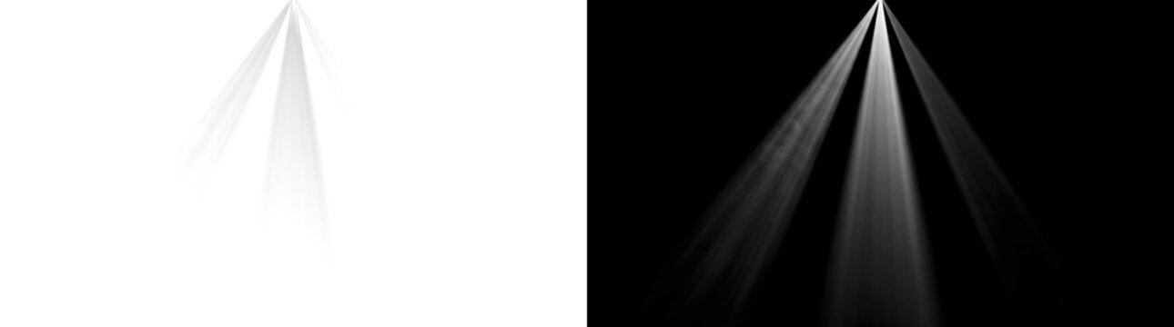Three white light rays fanning out from a single point at the top with faint dust and haze for stage and concert scenes in PNG, Transparent and Black Background Versions