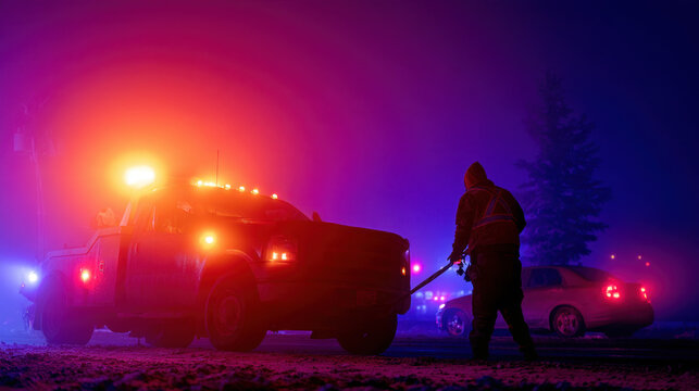 Tow truck operator handling a recovery cable beside an illuminated wrecker on a snowy road at night